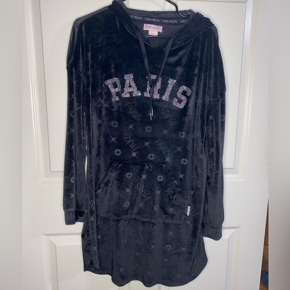 Paris Hilton Black Velour Hoodie Dress, Paris Rhinestone Hoody, Cozy Chic - Picture 5 of 8